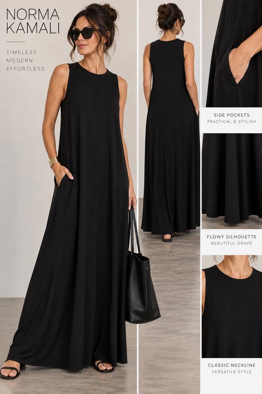 Norma Kamali Black Sleeveless Maxi Dress S 36 Stretch Flowy A-Line Pockets
